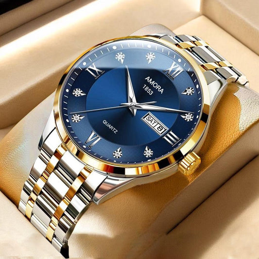 Classic Men's Watch Men's Business Quartz Men's Watch Large Dial Steel Strap Fully Automatic Non-Mechanical Watch Waterproof Gold