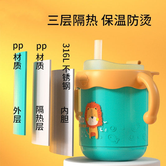 Children's Cartoon Milk Cup with Scale 316 Stainless Steel Baby Straw Milk Drinking Cup Thermos Cup