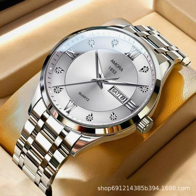 Classic Men's Watch Men's Business Quartz Men's Watch Large Dial Steel Strap Fully Automatic Non-Mechanical Watch Waterproof Gold